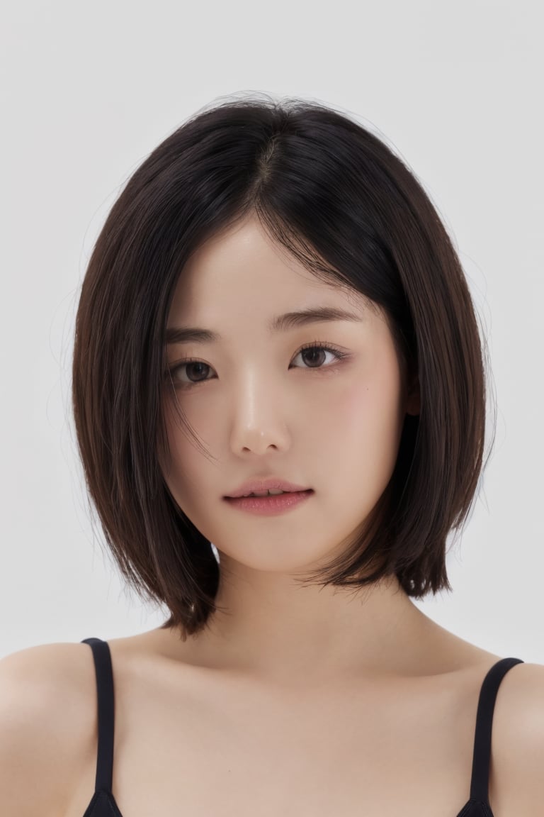 (8k, best quality), woman, 1girl, bob cut,  Skin marks, (realistic detailed skin:1.5), natural skin, (No makeup:1.3), black hair, realistic hair, highly detailed hair, high resolution hairupper body, white background, (looking at another:1.5),  face, soft light, <lora:Hina_Ryuzaki_V3-000006:1>