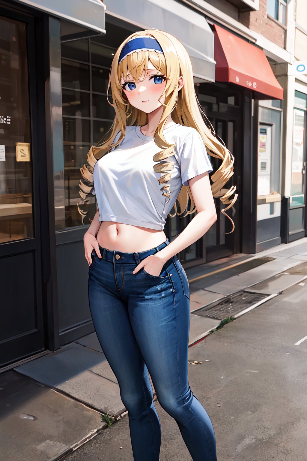 masterpiece, best quality, highres, aacecilia, long hair, curly hair, drill hair, blue hairband, <lora:cecilia_alcott_v1:0.7>, white shirt, t-shirt, midriff, jeans, hands in pockets, street,