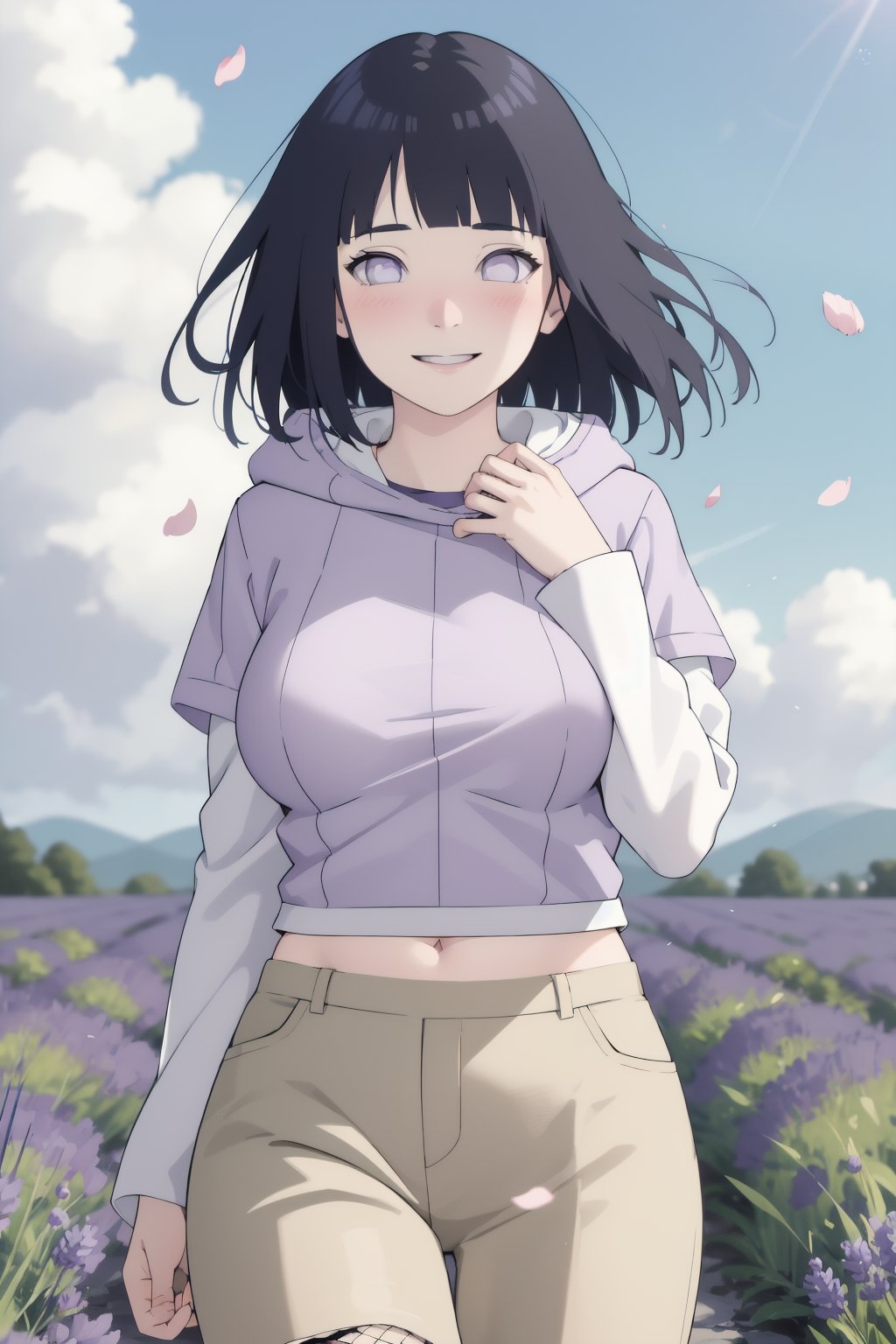 masterpiece,absurdres,hinata\(boruto\),1girl,solo,mature female,purple hoodie,layered sleeves,brown pants,outdoors,lavender flower field,wind,floating hair,hand on own chest,looking at viewer,smile,(falling petals),cloudy sky,large breasts,fishnets,blush,<lora:lbc_Hyūga Hinata_Naruto24324_v1.0:1>,