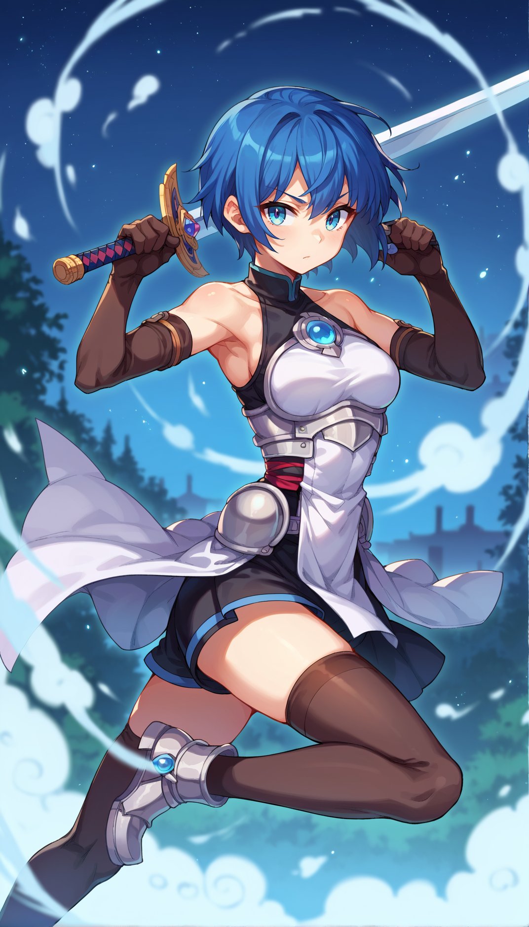 score_9, score_8_up, score_7_up, score_6_up, score_5_up, score_4_up, source anime, dynamic pose, 1girl, blue hair, solo, sword, gloves, armor, short hair, thighhighs, elbow gloves, holding sword, blue eyes, ,whorled clouds, night sky, dappled moonlight, depth of field