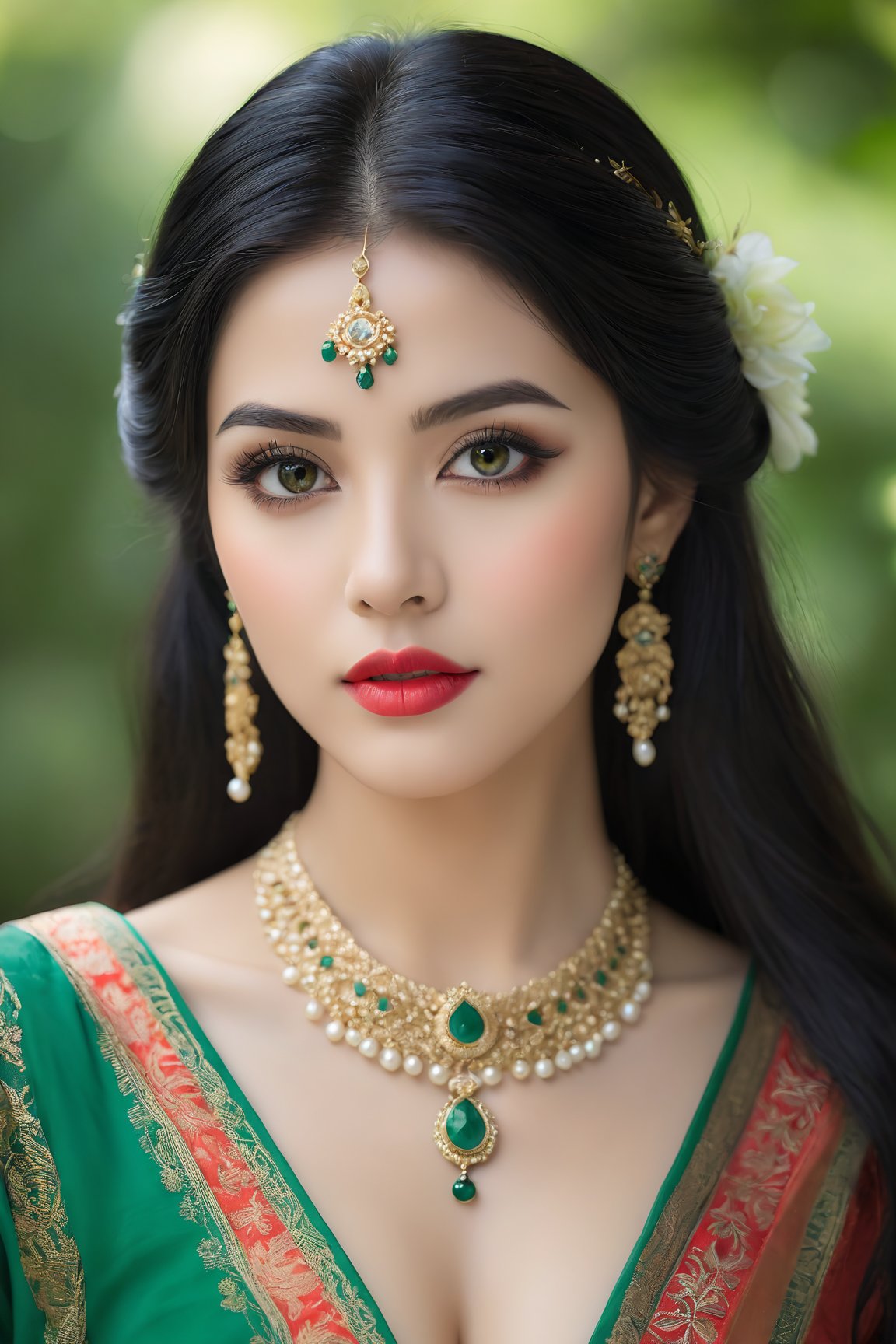 (best quality,highres),detailed eyes,detailed lips,flowing black hair,traditional attire,vibrant colors,natural lighting,lush green background,ethereal atmosphere,subtle makeup,elegant jewelry,confident expression,traditional patterns.  <lora:HUBG Hyper SDXL_lora :0.8>