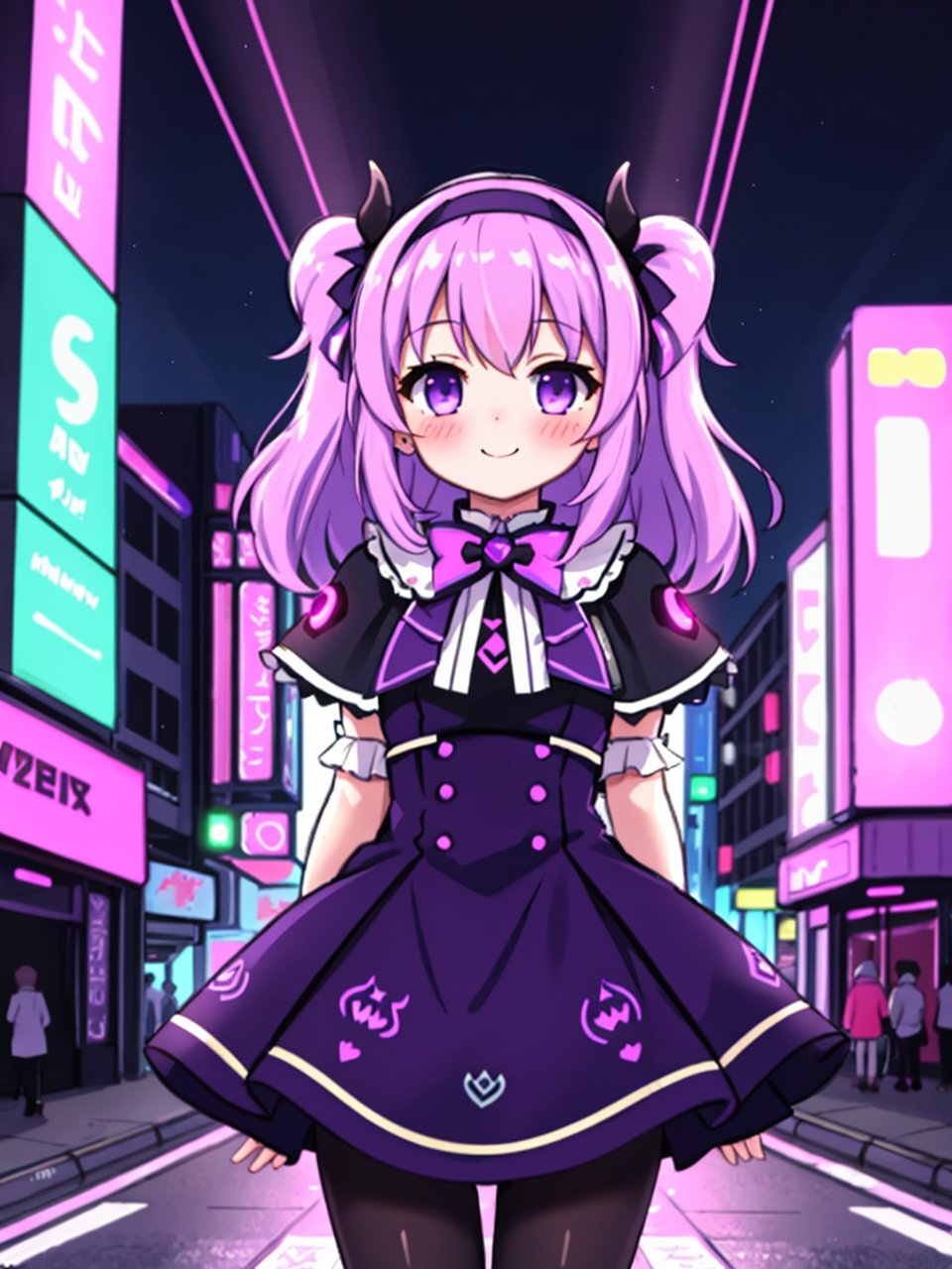 masterpiece,best quality,1girl,solo,prisc,hair bow,hairband,dress,elbow sleeve,capelet,demon horn,skirt,pantyhose,light smile,blush,arms behind back,light rays,outdoors,street,(futuristic city,cyberpunk,purple neon lights,neon trim)