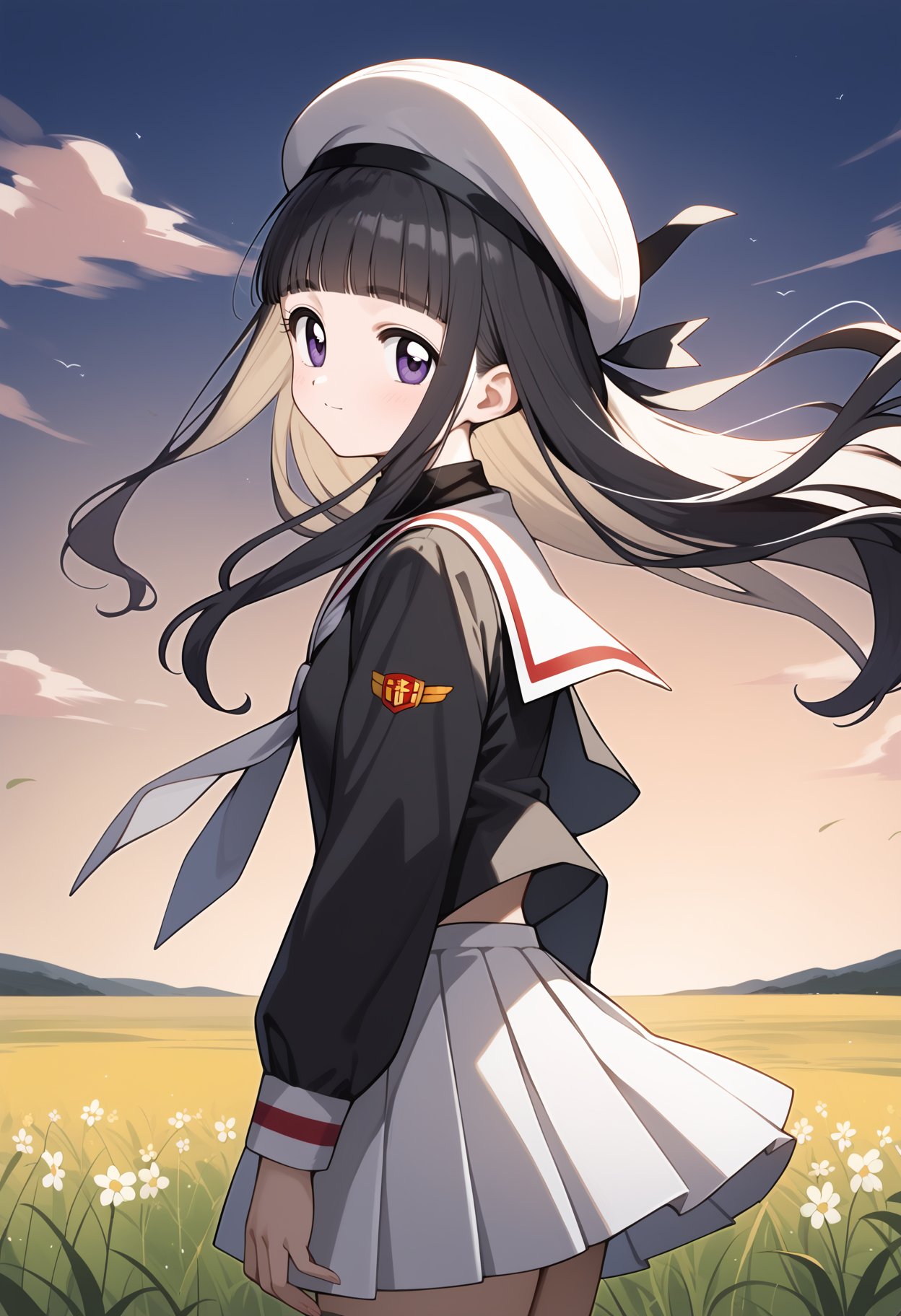 score_9, score_8_up, score_7_up, score_6_up, score_5_up, score_4_up, source_anime, aatomoyo, long hair, black hair, beret, white headwear, blunt bangs, purple eyes, small breasts, serafuku, white sailor collar, white neckerchief, black shirt, long sleeves, pleated skirt, white skirt <lora:daidouji_tomoyo_ponxl_v1:0.9>, from side, field, sunset, wind, standing, cowboy shot, 