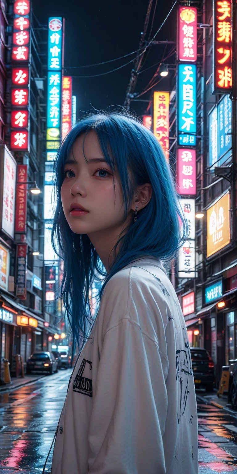 A girl with blue hair standing in a night scene, in the style of techpunk,cyberpunk, subtle use of light and shadow, nightcore, photo-realistic techniques, charming anime characters, detailed ink illustrations, cloisonnism, japanese-inspired art, neon-lit urban, shilin huang, intense close-ups, cobra