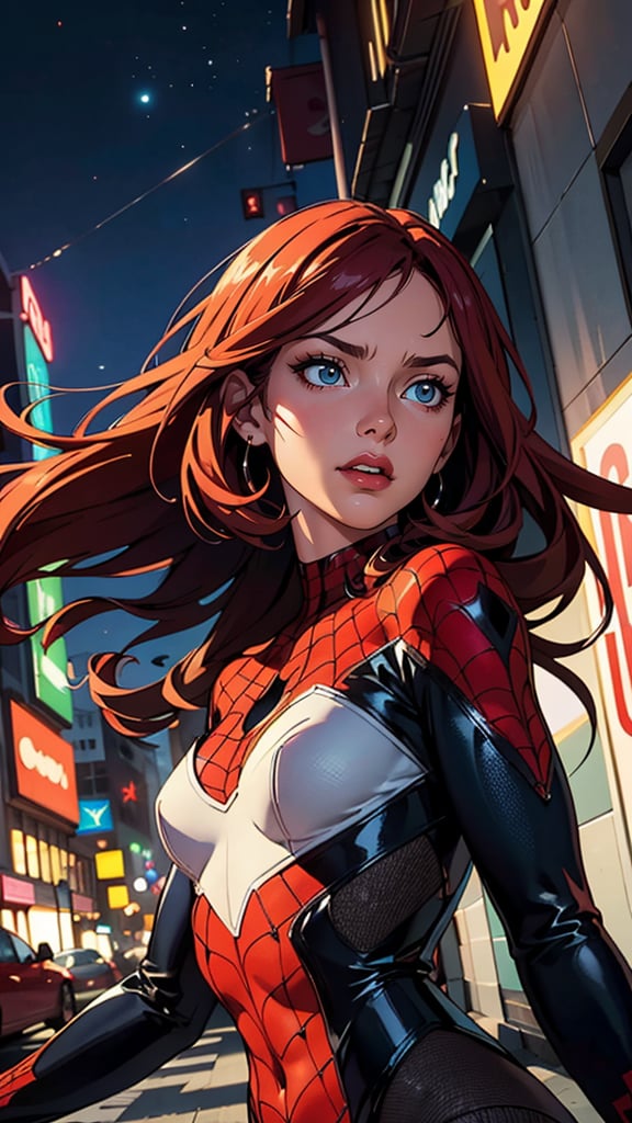 (best quality, masterpiece, colorful, dynamic angle, highest detailed) upper body photo, fashion photography of cute, intense long red hair, \Mary Jane\ in spiderman suit, (ultrahigh resolution textures), in dynamic pose, bokeh, glowing web, (intricate details, hyperdetailed:1.15), detailed, moonlight passing through hair, perfect night, fantasy background, (official art, extreme detailed, highest detailed), HDR+