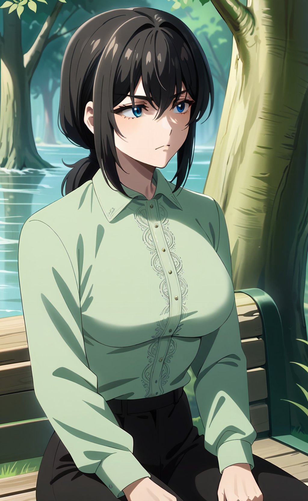 (masterpiece), (best quality), newest, (intricate details, very aesthetic), good hands  1girl, <lora:saitou_ine:1> ine_wz, black hair, blue eyes, short hair, low ponytail, breasts, long sleeves, green shirt, collared shirt, black pants, sitting, tree, shadow, water, looking to the side, serious, outdoors, nature<lora:sd_xl_dpo_lora_v1:1>