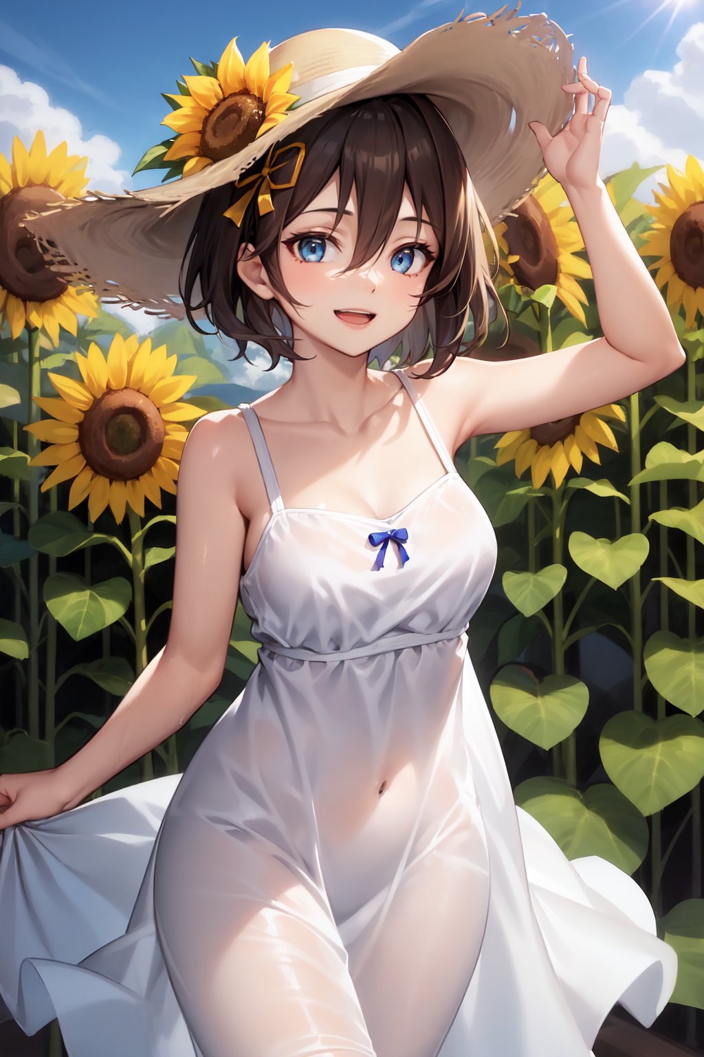 1girl, , alternate costume, blue eyes, brown hair, cloud, collarbone, cowboy shot, day, dress, flower, hair between eyes, hat, hat flower, open mouth, outdoors, short hair, sleeveless, sleeveless dress, smile, solo, sun hat, sundress, sunflower, white dress, yellow flower, 