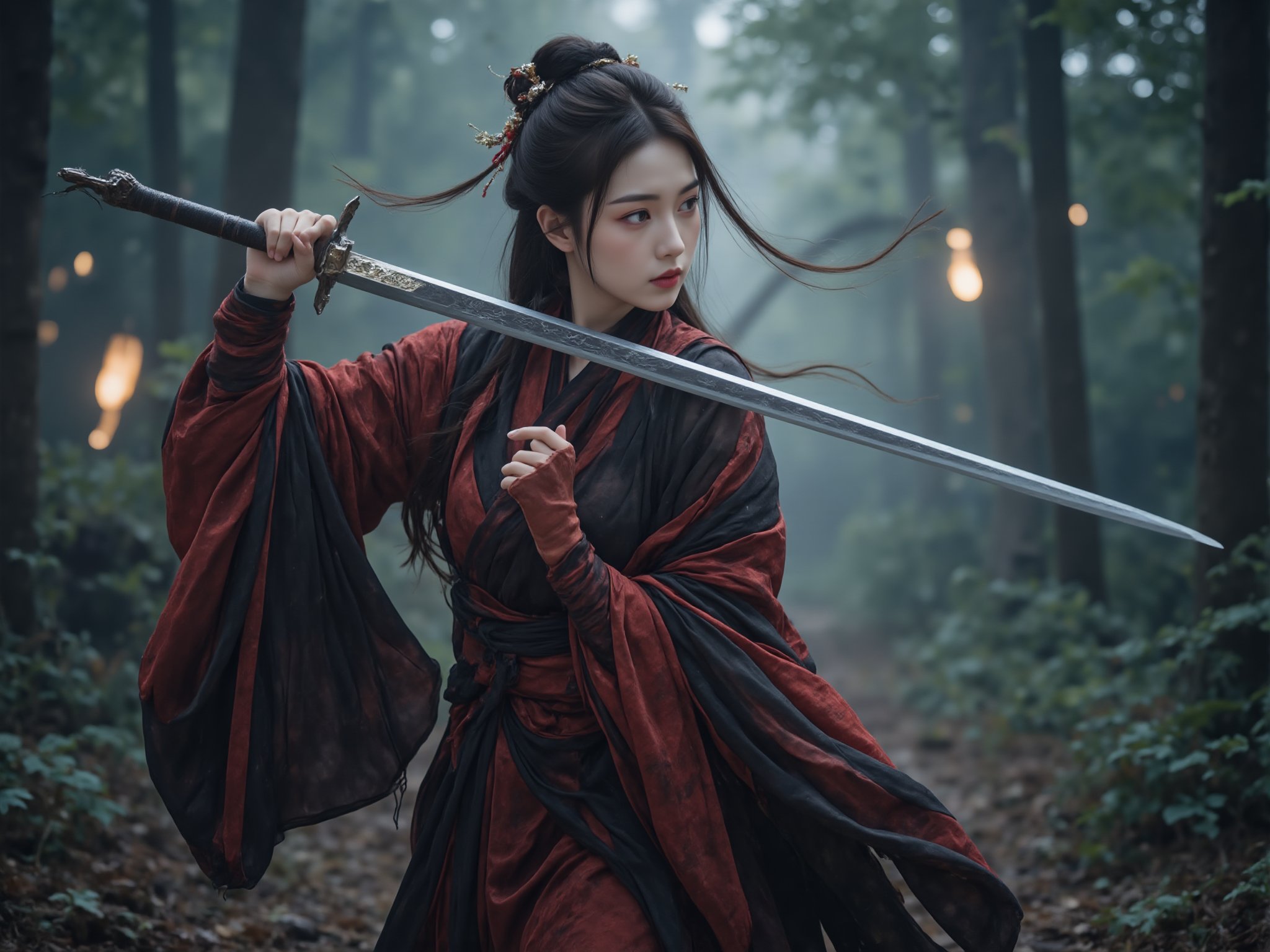 Wuxia, a woman in traditional Chinese attire, Tang dynasty, red and black flowing robes, intricate hair ornaments, holding a sword, poised stance, dramatic forest background, soft natural light, serene and focused expression, ancient dynasty ambiance.<lora:极品超模V8_2.0:0.8>