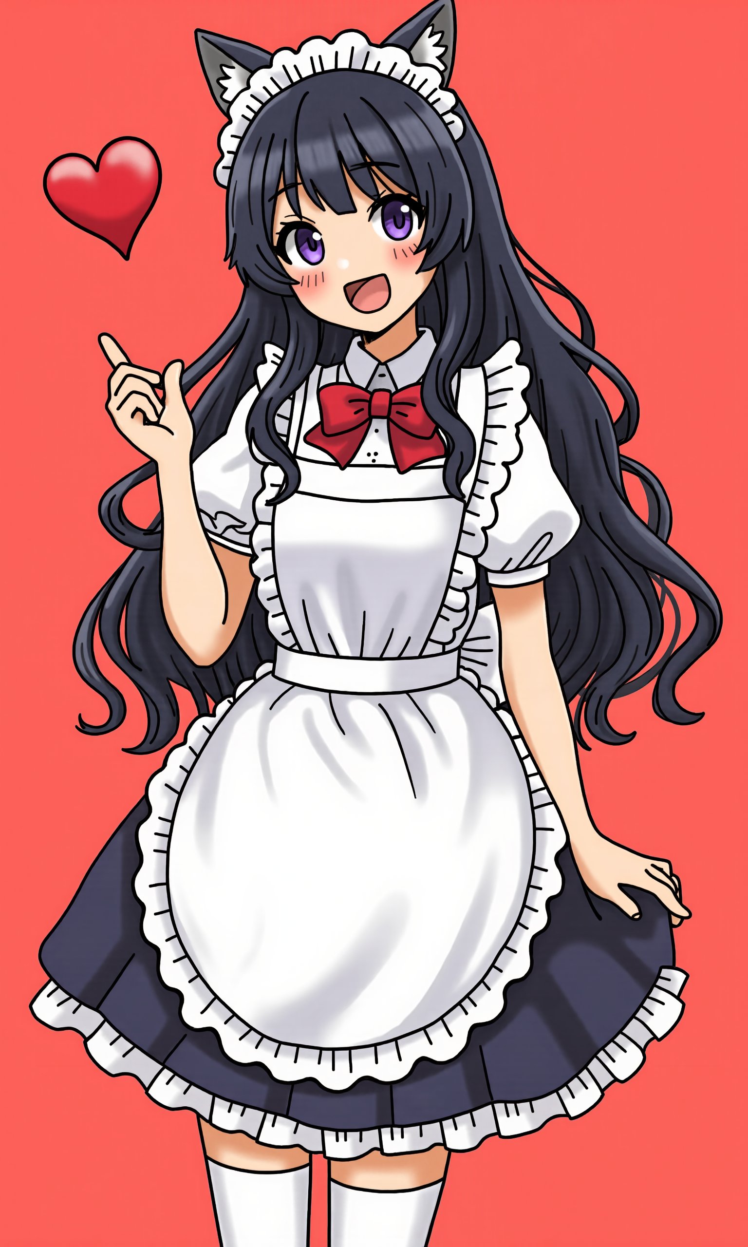 the image is a vibrant illustration of a young girl dressed in a maid outfit with long black hair and a radiant smile. she is wearing a white dress with a red bow and her hair is styled in an elaborate fashion. a heart floats above her head symbolizing her cheerful and positive attitude., 1girl, solo, long hair, black hair, maid headdress, maid, short sleeves, heart, apron, thighhighs, smile, dress, looking at viewer, open mouth, frills, bow, one side up, simple background, puffy sleeves, shimamura uzuki, purple eyes, white thighhighs, enmaided, puffy short sleeves, blush, cowboy shot, bowtie, white apron, black dress, alternate costume, red background, bangs, wavy hair, an anime girl in a maid outfit with a heart, anime girl in a maid costume, anime cat girl in a maid costume, cute anime waifu in a nice dress, maid outfit, anime visual of a cute girl, maid dress, marin kitagawa fanart, splash art anime loli, loli in dress, madotsuki