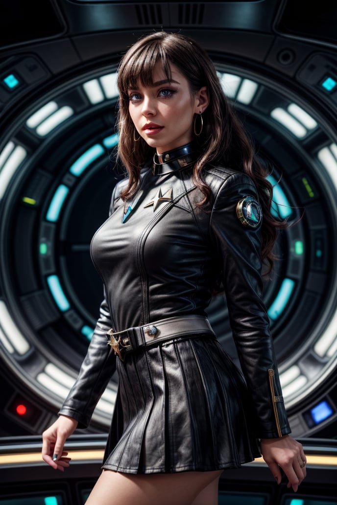 Character: A beautiful woman, arrogant and alluring, her features are lit by the glow of computer screens, Attire: Black and white starfleet uniform which ends in a skirt,  Accessories: Planet earrings and a watch, Hair and Makeup: Long black wavy hair with short bangs, Presence: Standing in the center of a Starship bridge commanding attention. <lora:add_detail:1> <lora:epiCRealismHelper:1> 