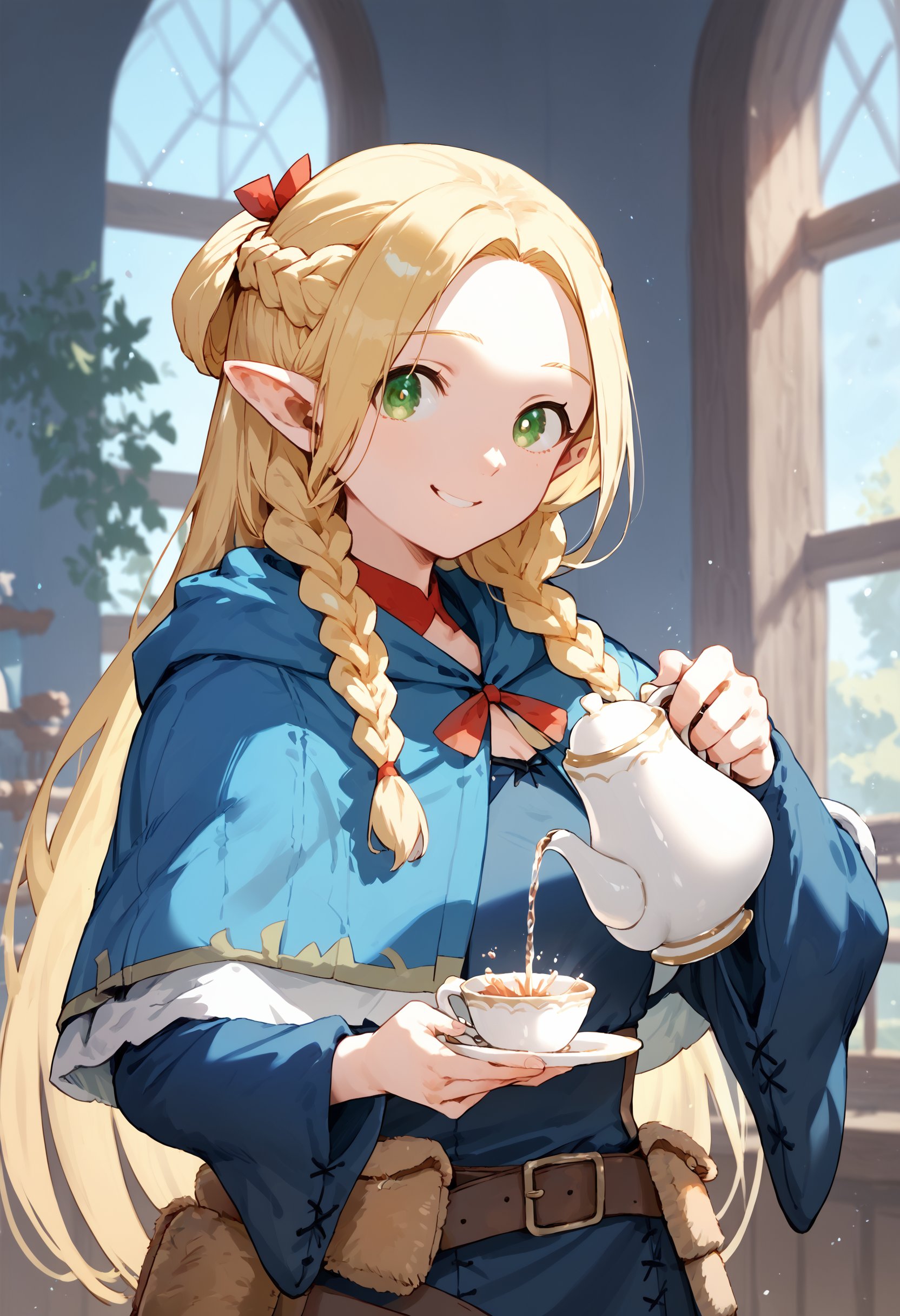 score_9, score_8_up, score_7_up, 1girl, pouring, holding cup, holding teapot, marcille, blue capelet blue robe belt, french braid twin braids, looking at viewer, smile<lora:holding_teapot_pouring_3_final_d32:1><lora:falin_marcille_pony_d16:1>