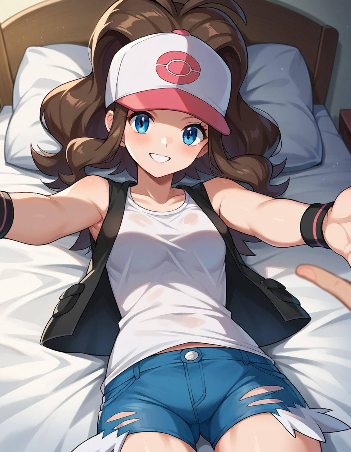 score_9, score_8_up, score_7_up, source_anime,pokemonhilda, <lora:pokemon-hilda-ponyxl-lora-nochekaiser:1>pokemonhilda, blue eyes, brown hair, long hair, ponytail, smile,baseball cap, blue shorts, denim, hat, shorts, vest, wristband, sleeveless, black vest, white shirt, shirt,indoors, bed, bed room, on back, arm support, arms up, incoming hug, pov, reaching, reaching towards viewer,looking at viewer, dutch angle, cowboy shot,