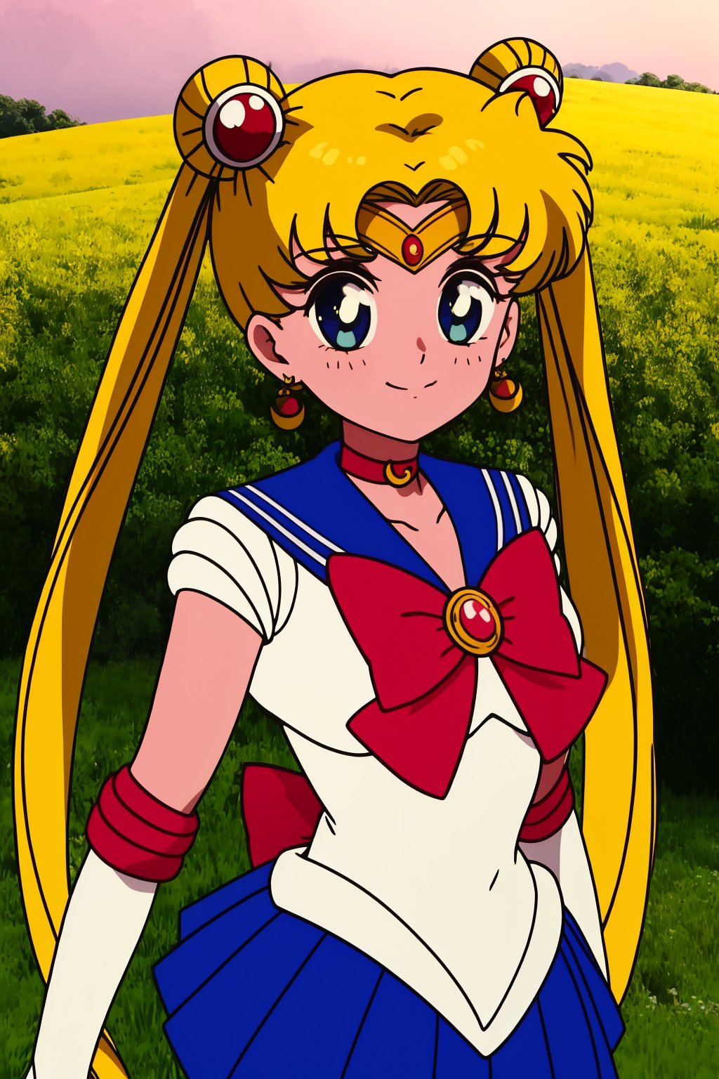 usagitsukino, 1girl, solo, blue eyes, blonde hair, very long hair, twintails, hair bun, double bun, parted bangs, hair ornament,sailor senshi uniform, white leotard, blue skirt, pleated skirt, miniskirt, red bow, elbow gloves, white gloves, blue sailor collar, red choker, brooch, crescent choker, tiara,smile,closed mouth,cowboy shot,upper body,meadow,outdoor,(insanely detailed, beautiful detailed face, masterpiece, best quality) cinematic lighting,<lora:Sailor_Moon_v4:1>, <lora:more_details:0.3>,