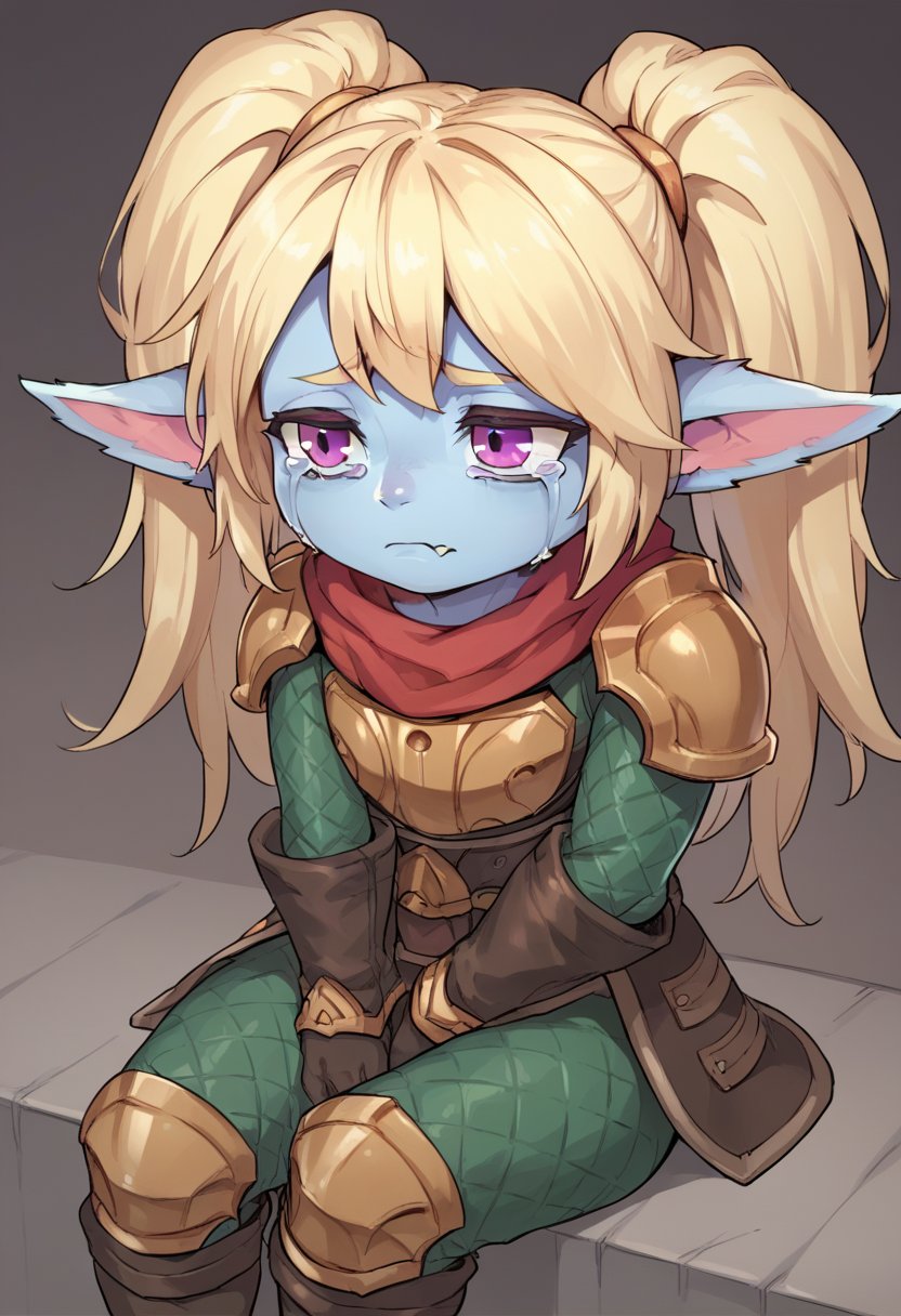 score_9, score_8_up, score_7_up, p0ppy, 1girl, yordle, colored skin, pointy ears, twintails, long hair, blonde hair, purple eyes, fang, red scarf, armor, shoulder armor, gloves, boots, <lora:Poppy_Default_v2:0.75>, solo, sitting, (sad, tears)