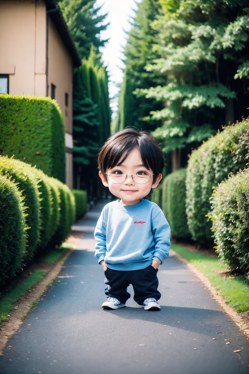 1boy, male focus, chibi, realistic, looking at viewer, outdoors, sweatshirt, road, standing, tree, shoes, full body, solo focus, short hair, day, photorealistic, street,