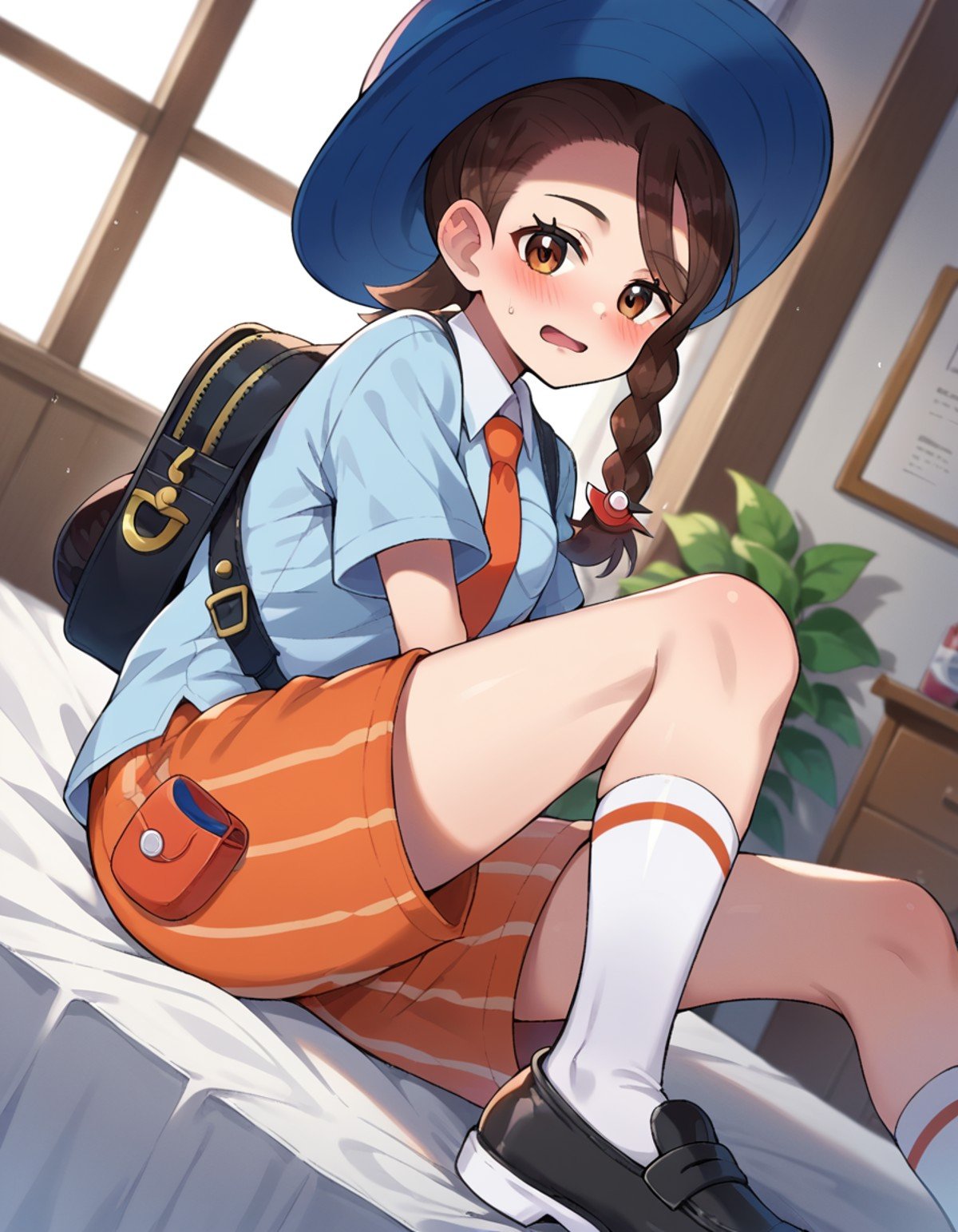 score_9, score_8_up, score_7_up, source_anime,pokemonjuliana, <lora:pokemon-juliana-ponyxl-lora-nochekaiser:1>pokemonjuliana, braid, brown eyes, brown hair, hair ornament, hairclip, side braid, single braid, swept bangs,backpack, bag, black footwear, blue headwear, blue shirt, breast pocket, collared shirt, hat, kneehighs, naranja academy school uniform, necktie, orange necktie, orange shorts, pocket, school uniform, shirt, shoes, short sleeves, shorts, socks, striped, striped shorts, sun hat, white socks,indoors, bed, bed room, on side, blush, drunk,looking at viewer, cowboy shot, dutch angle,