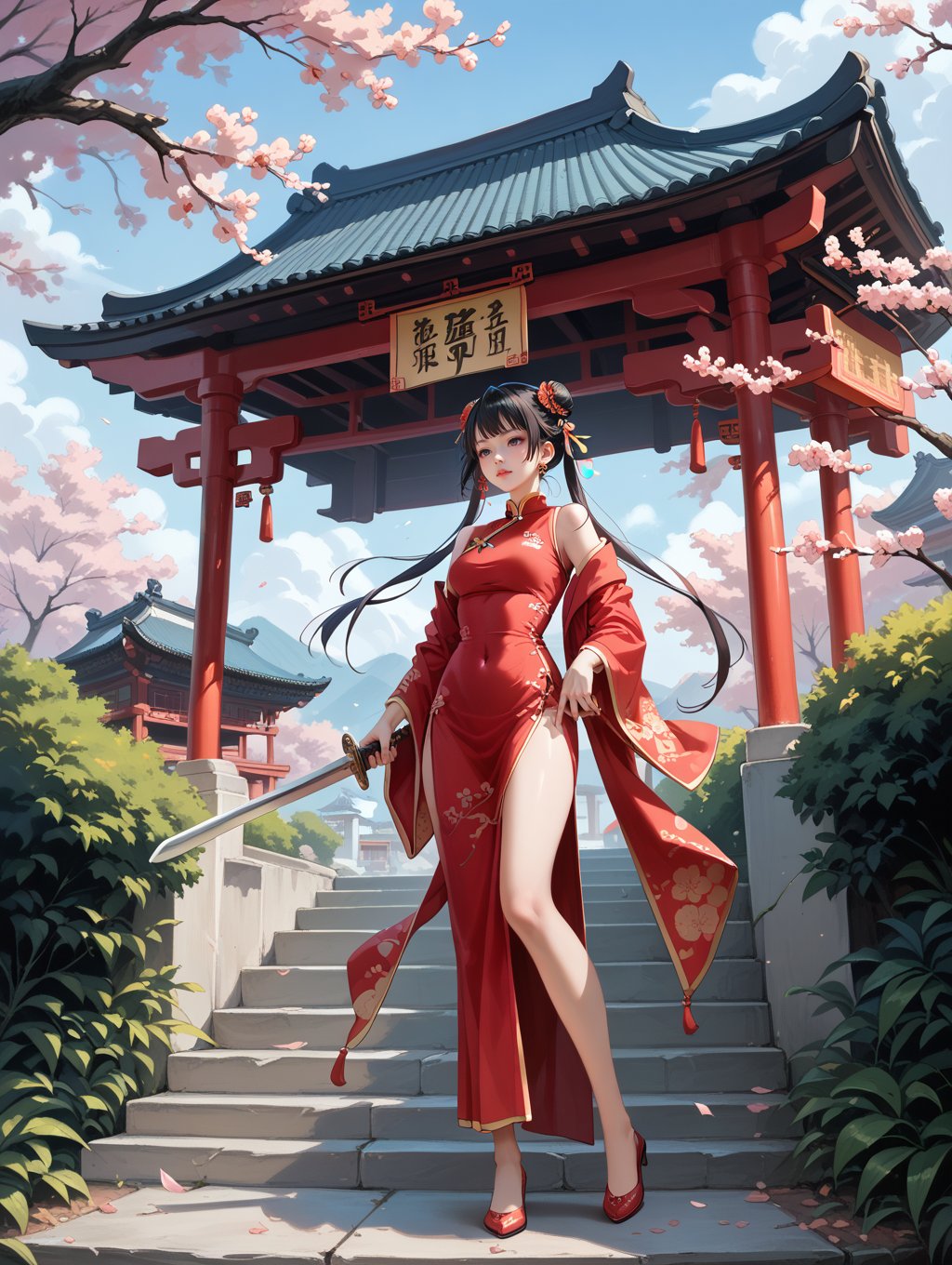 score_9, score_8_up, score_7_up,china style,outdoors, 1girl, hanfu dress, holding sword, 