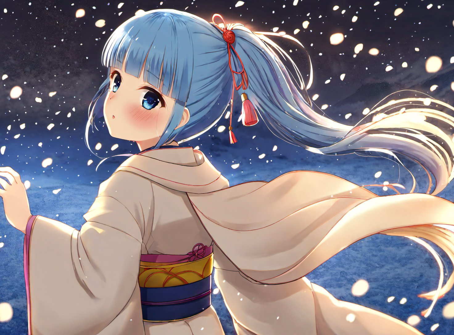 1girl, solo, japanese clothes, blue eyes, ponytail, holding, long hair, bangs, looking at viewer, kimono, snow, flower knot, blue hair, snowing, outdoors, white kimono, hair ornament, night, wide sleeves, hair ribbon, looking back, sidelocks, ribbon, tassel, mole under eye, mole, floating hair, tress ribbon, blunt bangs, long sleeves, hood, blush, light blue hair, sky, cowboy shot, from behind, winter, sash, night sky, Kamisato Ayaka, complex background, depth of field, cinematic compositions, best lighting, masterpiece