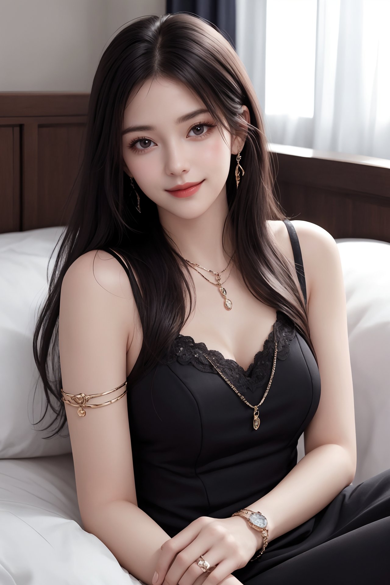 1girl, bed, black hair, bracelet, dress, jewelry, lips, long hair, looking at viewer, pillow, realistic, sitting, smile, solo, watch, wristband, wristwatch <lora:jk美女:00.8>