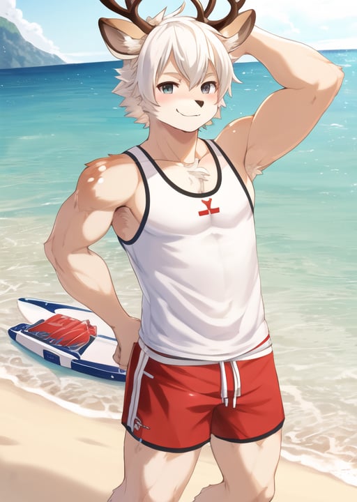 solo,kemono deer, short white hair, tank top, shorts, shirt, smirk, lifeguard, extreme detail, masterpiece, hi res, high detail, detailed eyes, detailed hands, full body picture, beach background