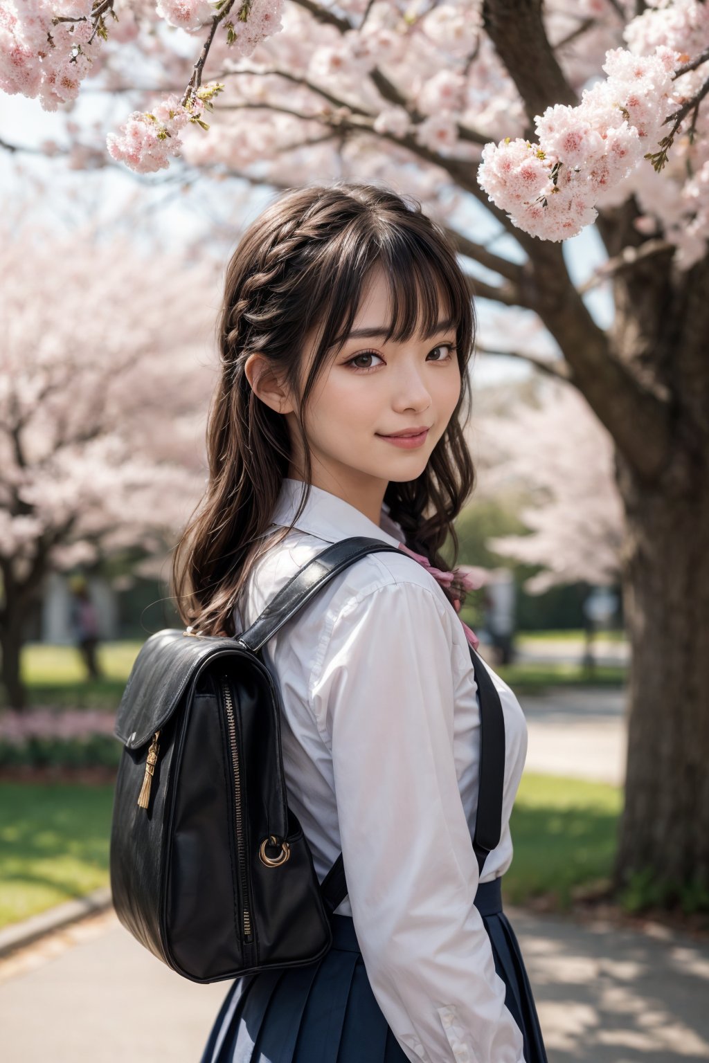 Ultra-realistic 8k CG,masterpiece,best quality,(photorealistic:1.4),HDR,absurdres,Professional,RAW photo,lens flare,(film grain:1.1),Bokeh,((Depth of field)),studio light,a woman,a black bag in front of a tree with pink flowers in it and a white shirt,1girl,black_hair,bangs,braid,long_hair,long_sleeves,smile,solo,spring_season,tree,tube,twin_braids,bag_charm,blue_sky,bow,bowtie,branch,brown_eyes,charm_object,cherry_blossoms,day,depth_of_field,falling_petals,flower,graduation,hanami,outdoors,petals,pink_flower,pink_theme,plum_blossoms,school_bag,school_uniform,shoulder_bag,sleeves_past_wrists,Highly detailed,Professional,extreme detail description;,<lora:more_details:0.3>,