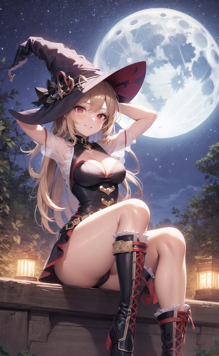 masterpiece, best quality, 1girl, solo, night sky, outdoors, moon, stars, clouds, wind, medium hair, boots, witch, smile, red eyes, arms up, cleavage, tree, night, 