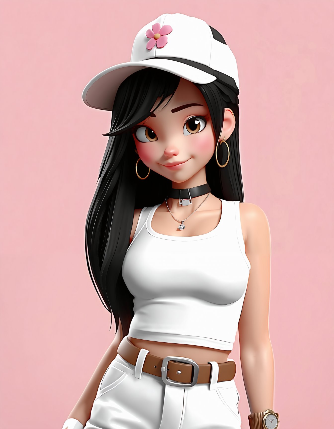 3D cartoon, cartoon style, 3D render, 1girl, long hair, looking at viewer, black hair, hat, jewelry, brown eyes, flower, earrings, choker, pants, belt, midriff, bracelet, crop top, white headwear, tank top, baseball cap, white pants, hoop earrings, wristwatch, SD3_cartoon_ep10.safetensors