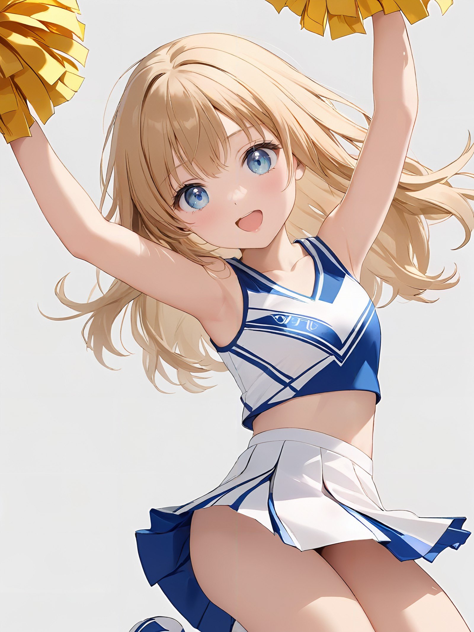 masterpiece,ultra-detailed,best quality,cute face,clean skin ,shiny hair,girl,ultra-detailed-eyes,simple background,  <lora:cheerleader_XL_V1.0:0.6>jyojifuku, cheerleader, pom pom \(cheerleading\),jumping