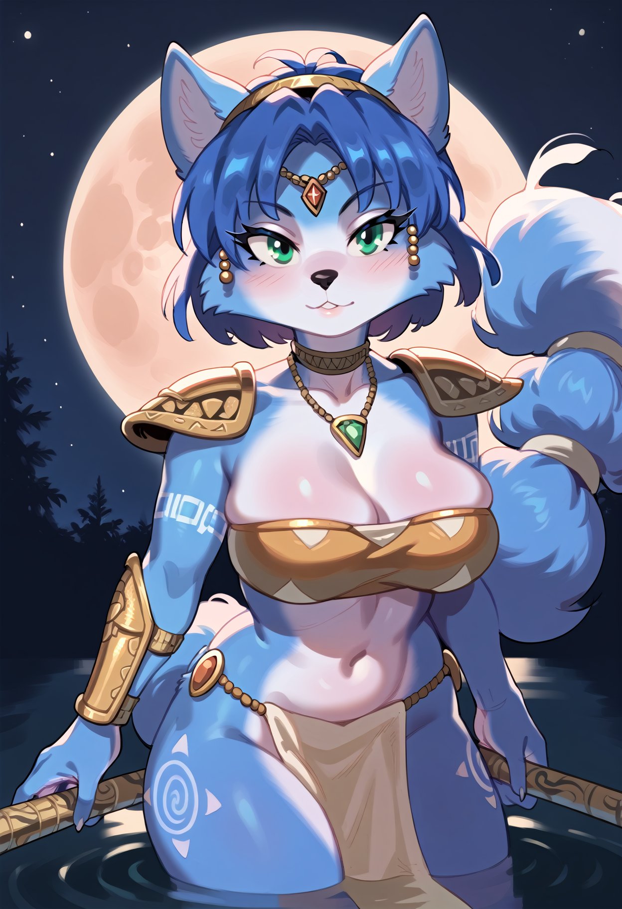 score_9, source_furry,krystal \(star fox\), canid, canine, fox, mammal, accessory, anthro, bandeau, beads, blue body, blue fur, blue hair, bottomwear, breasts, choker, circlet, clothing, eyebrows, eyelashes, female, fur, green eyes, hair, hair accessory, hair beads, jewelry, loincloth, moon, necklace, night, short hair, shoulder guards, solo, topwear, water, white body, white fur, large breasts,