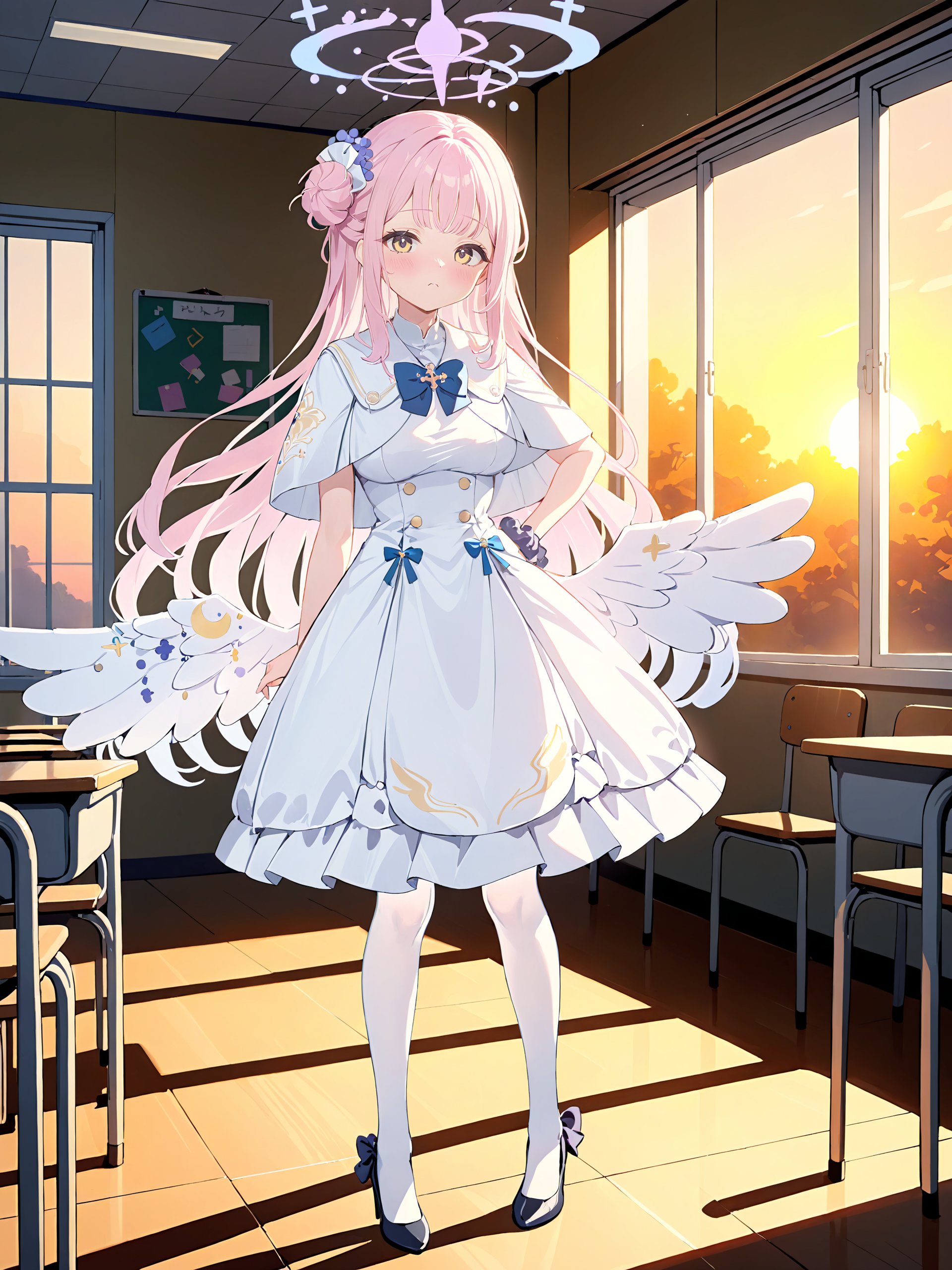 1girl, mika \(blue archive\), solo, halo, wrist scrunchie, low wings, black pumps, hair flower, white dress, single side bun, white pantyhose, capelet, blue bowtie, standing, full body, looking at viewer, pout, blush, hands on hips, sunset, classroom, window, backlighting, depth of field <lora:Char-BlueArchive-Mika-XL-V1:0.8>, masterpiece, best quality, perfect features, intricate details, ray tracing, very aesthetic, (hitenkei, askzy:0.4)