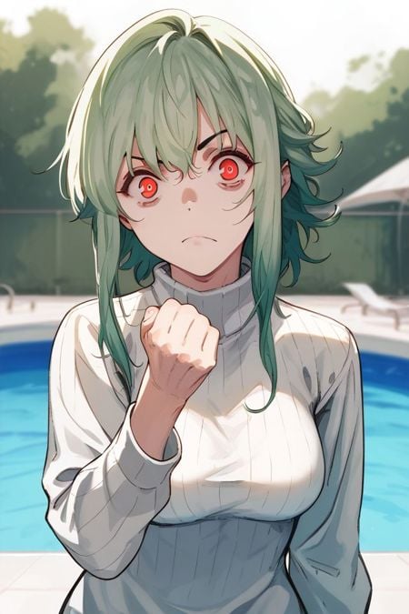 score_9, score_8_up, score_7_up, 1girl, looking at viewer, fist bump, sobbing, green hair, oseledets, single hair intake, ruby eyes, breasts, white ribbed sweater, no light, pool, atmospheric perspective <lora:pako_(pakosun)_PonyXL_style_v01:1>