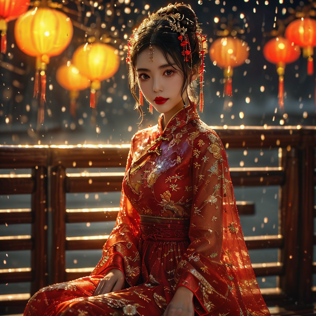 AncheReddressgirl,1girl,solo,rain,dress,looking at viewer,red dress,breasts,hair ornament,chinese clothes,black hair,blurry,sitting,lantern,red lips,long sleeves,hair bun,