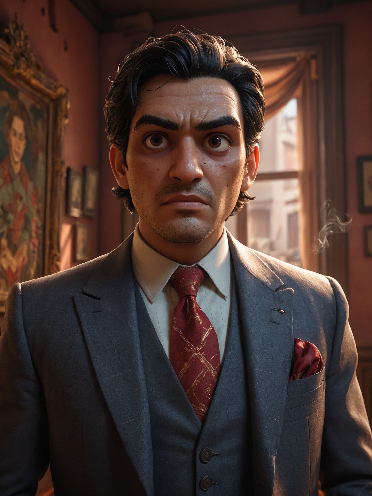 A captivating portrait of Edgar Valdez, a notorious drug lord turned informant. With a chiseled face, piercing eyes, and slicked-back hair, Valdez exudes both power and menace. He wears a tailored suit, a symbol of his former affluence, and holds a lit cigar in one hand. The background is a dimly-lit room with shadows cast across the walls, creating an atmosphere of mystery and danger.  epic action, Unreal Engine, cinematic award winning artwork, many details, extreme detailed, full of details,Wide range of colors., dramatic, Dynamic,Cinematic,Sharp details, Insane quality. Insane resolution. Insane details. Masterpiece. 32k resolution. casting shadow style, cucoloris patterned illumination,  dvr-lnds-sdxl, ral-dissolve, ral-ertmsphr, ral-porcelain, ral-pxlprtcl, Niji, aidma-niji