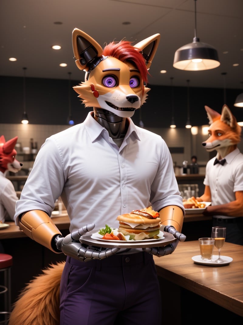 score_9, score_8_up, score_7_up, photorealistic, high quality, raw photo, furry, male, furry fox, red hair, purple eye, robot, android, animatronic, silver hand, white shirt, pants, waiter, afraid