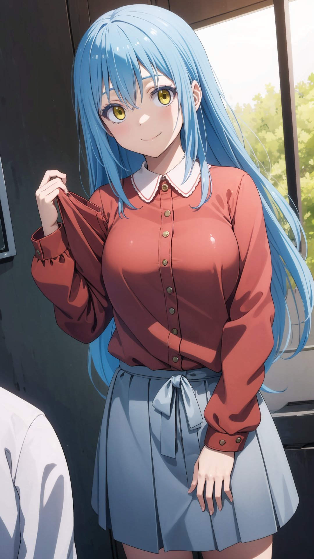 (masterpiece, best quality), ray tracing, absurdres, HDR,rimuru clothes, long hair, blue hair, yellow eyes, shirt, closed mouth, red shirt, 1girl, large breats,holding, rimuru tempest, skirt, bangs, pink shirt, smile, solo, hair between eyes, grey skirt, long sleeves, collared shirt, holding clothes,blush ,looking at viewer, <lora:rimuru_clothes01:0.7>