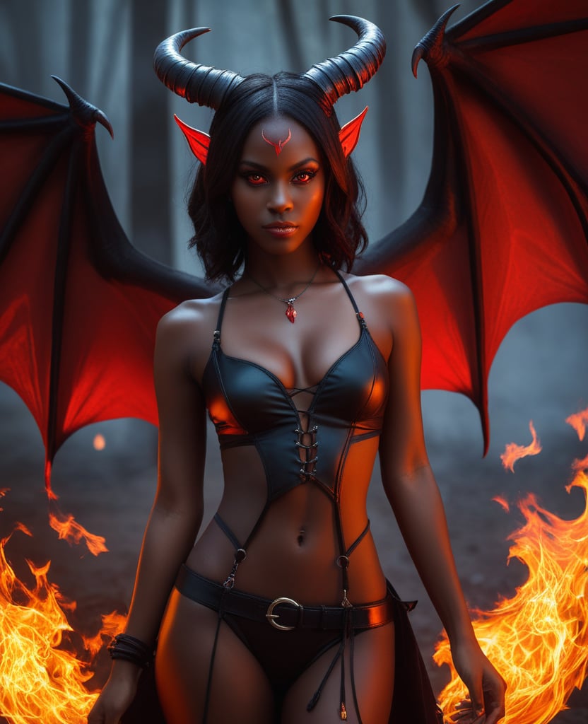 dark-skinned female, demon horns, red eyes, demon wings, , sexy, fantasy, fire