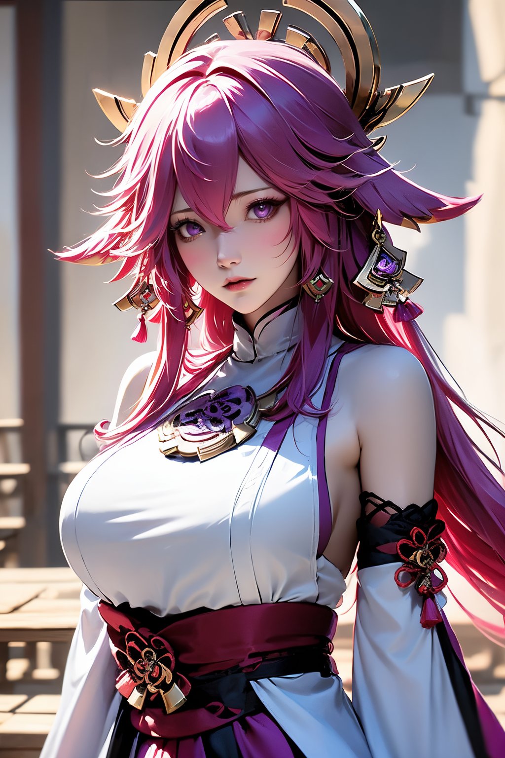 1girl, solo, yae miko, pink hair, purple eyes, breasts, looking at viewer, animal ears, long hair, bare shoulders, detached sleeves, large breasts, fox ears, hair between eyes, upper body, hair ornament, jewelry, lips, japanese clothes, blurry background, blurry, parted lips, wide sleeves, earrings, shirt, sleeveless, white shirt, sleeveless shirt, nontraditional miko, blush, long sleeves, turtleneck, sidelocks, sideboob, closed mouth, floppy ears