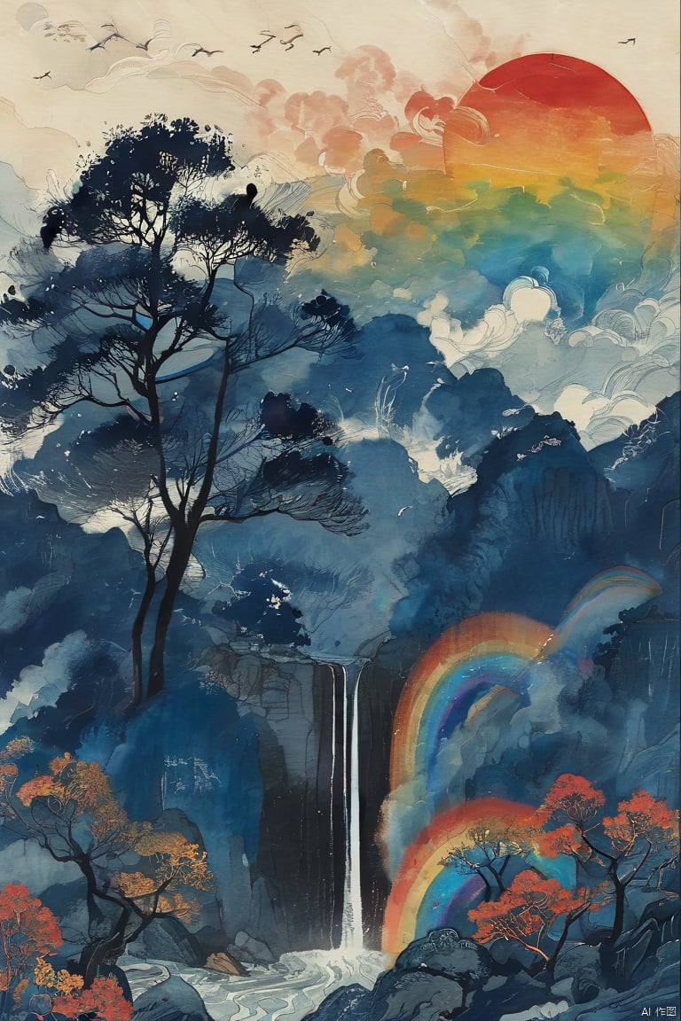 Chinese ink painting,lushan mountain,waterfall,sea of clouds,clear with a rainbow,lenticular,Masculine colors,Dark blue, gray, and black colors,Cowboy shot,by Wu Guanzhon,,dark fairy tale,,fflix_shards,,John Albert Bauer Style,by Alphonse Mucha,,FantacyWorld,,traditional media<lora:EMS-307144-EMS:0.800000>