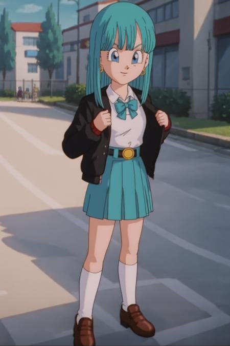 source_anime, score_9, score_8_up, score_7_up, anime screencap,bulla, 1girl, solo,  aqua hair, blue eyes, long hair, (school uniform), field, selfie, from above, outdoors, white shirt, open jacket, black plaid skirt, white socks,  <lora:bulla_pony_v1:0.7>