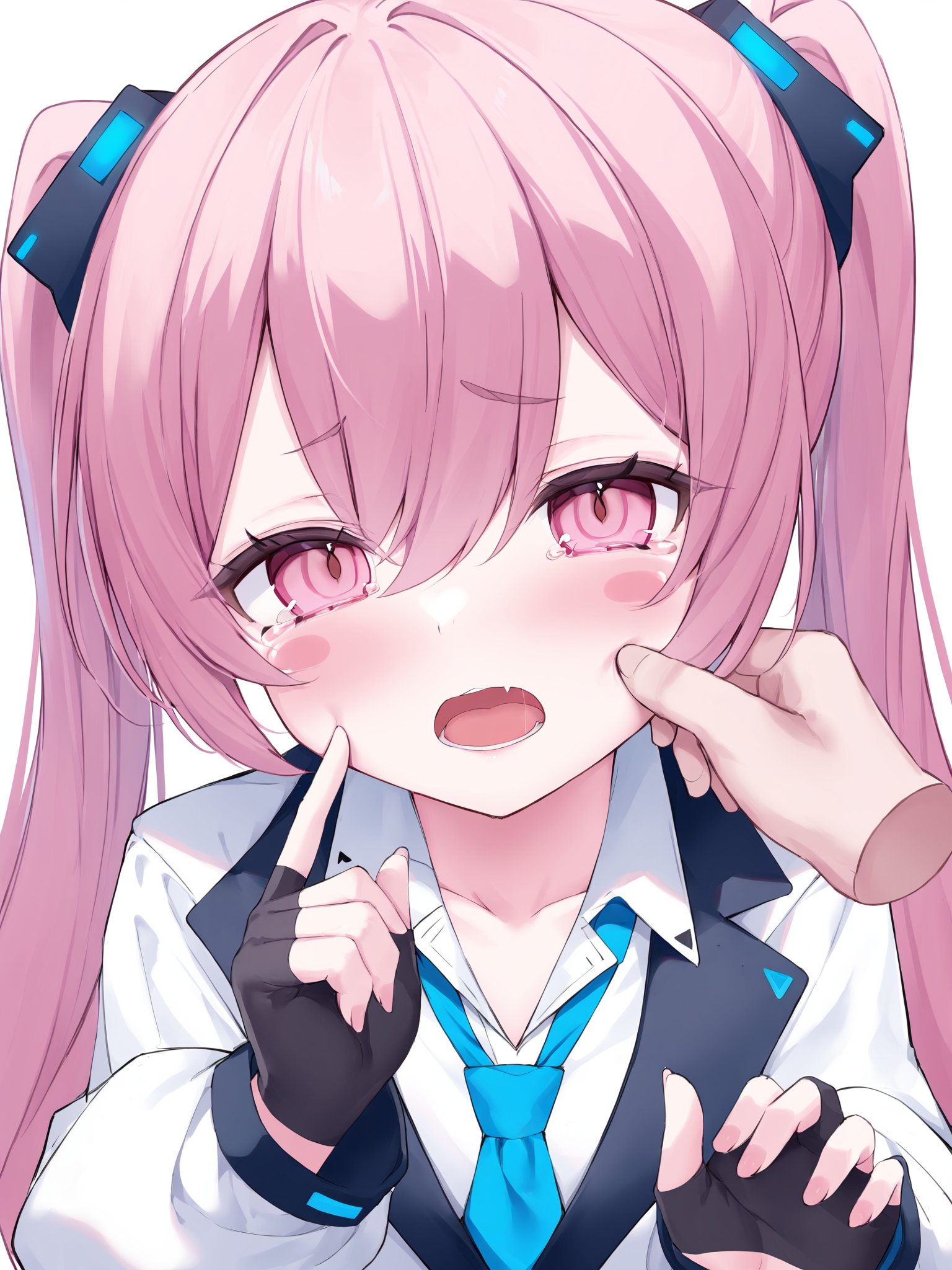 (masterpiece),(bestquality),1girl,cheek pinching,pink hair,necktie,pinching,open mouth,fingerless gloves,blue necktie,twintails,looking at viewer,collared shirt,long sleeves,long hair,bangs,pink eyes,upper body,hair between eyes,solo focus,blush,disembodied limb,white background,tears,tearing up,pov hands,puffy long sleeves,pov,heyiling,ringed eyes,<lora:heyiling-v3-000010:0.8>,