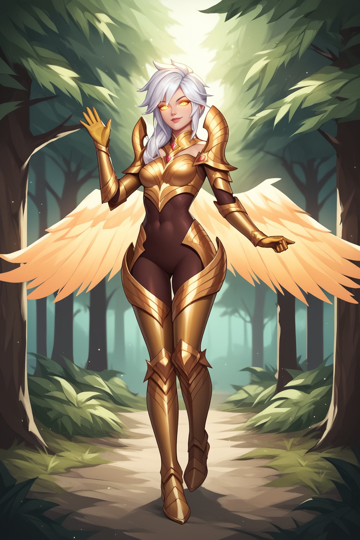 score_9, score_8_up, score_7_up, score_6_up, score_5_up, score_4_up, BREAK, KayleLoLXL, glowing eyes, yellow eyes, white hair, long hair, bangs, medium breasts, yellow wings, gold armor, gold shoulder armor, arm armor, gold gloves, gold breastplate, brown bodysuit, gold leg armor, gold armored boots, solo, full body, standing, waving, seductive smile, looking at viewer, forest, tree <lora:KayleLoLXL:0.9>