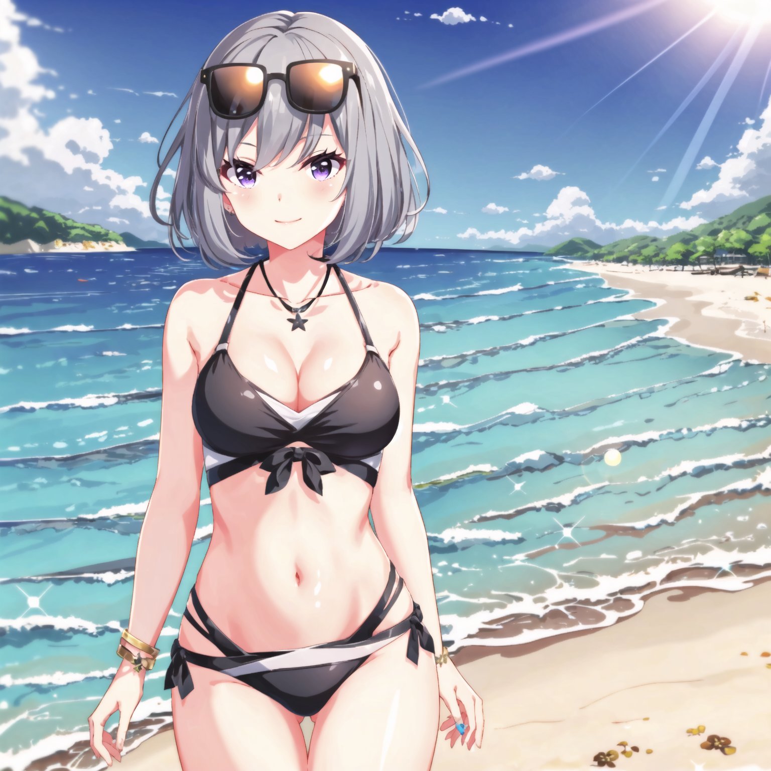 (high quality, best quality), 1girl, solo, kazanki rio, swimsuit, <lora:rio2-000007:0.75>, sunglasses, walking, arms_behind_back, wind, smile, blush, beach, ocean, sunset, lens_flare, hdr