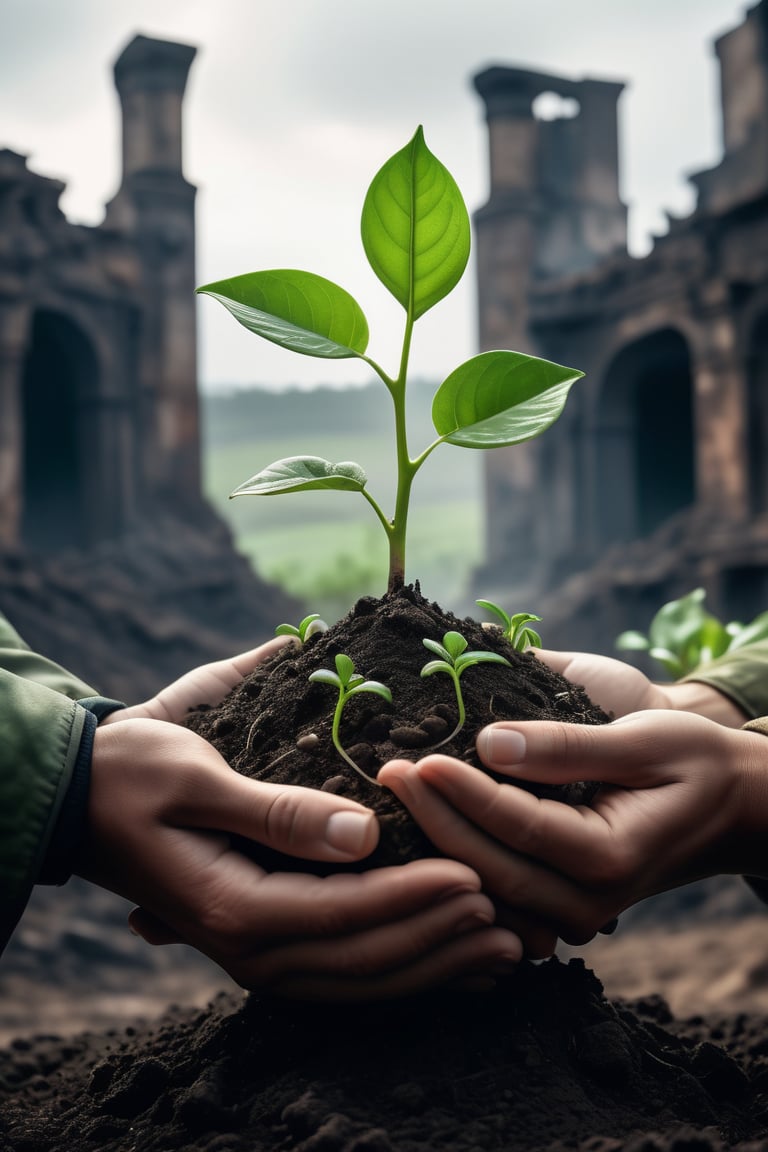 Capture the essence of a dystopian future in a close-up photograph featuring two cyborg or robotic hands cradling a mound of fresh earth with a vibrant green sprout, set against a backdrop of dark ruins. Explore the juxtaposition of technological beings nurturing the symbol of life in the midst of desolation. very detailed, atmospheric haze, Film grain, cinematic film still, shallow depth of field, highly detailed, high budget, cinemascope, moody, epic, OverallDetail, gorgeous, 2000s vintage RAW photo, photorealistic, candid camera, color graded cinematic, eye catchlights, atmospheric lighting, skin pores, imperfections, natural, shallow dof