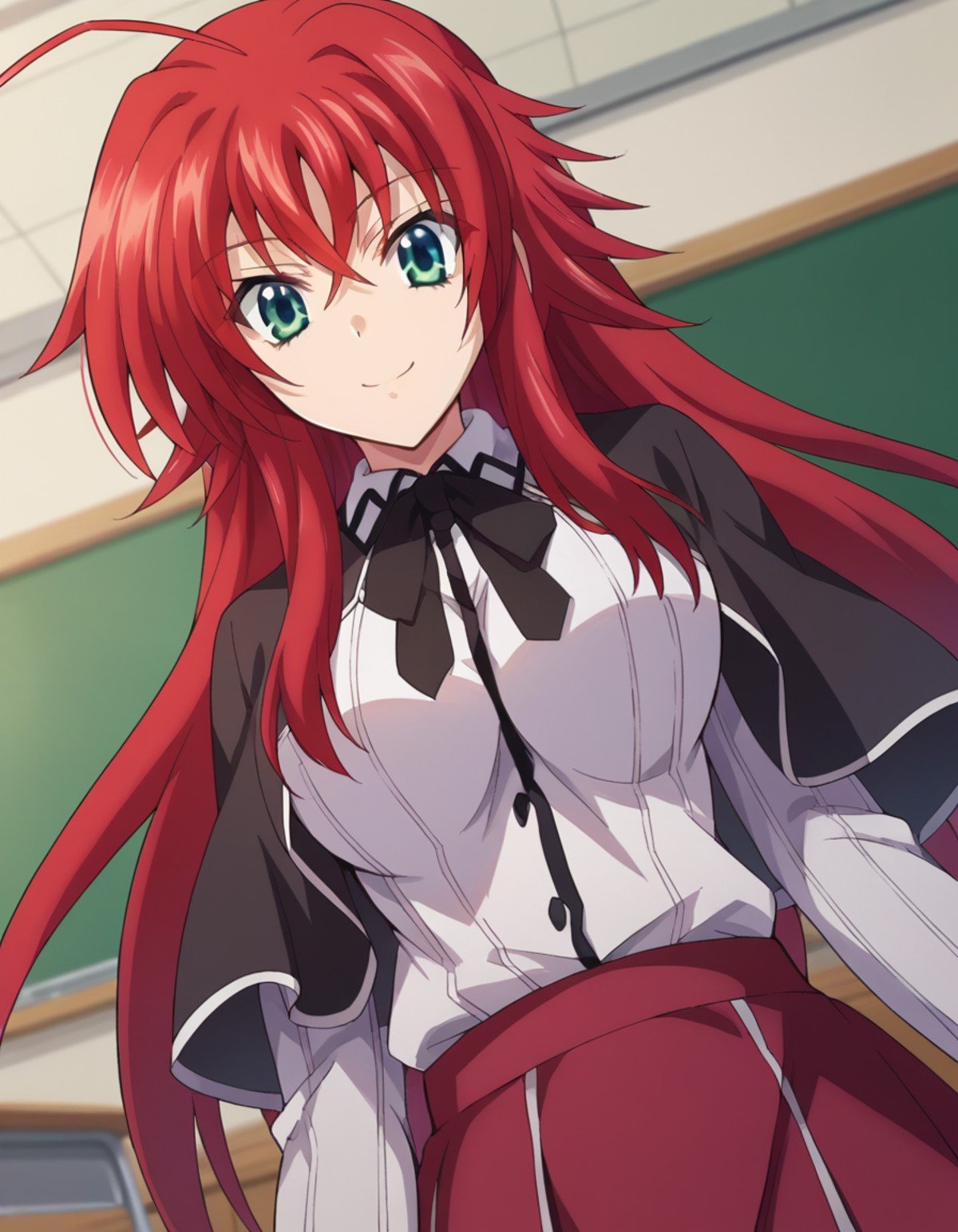 score_9, score_8_up, score_7_up, source_anime,riasgremory, <lora:rias-gremory-ponyxl-lora-nochekaiser:1>,rias gremory, huge ahoge, long hair, hair between eyes, green eyes, red hair, smile,shirt, ribbon, school uniform, white shirt, black ribbon, neck ribbon, capelet, black capelet, long sleeves, skirt, red skirt,indoors, classroom,looking at viewer, dutch angle, cowboy shot,