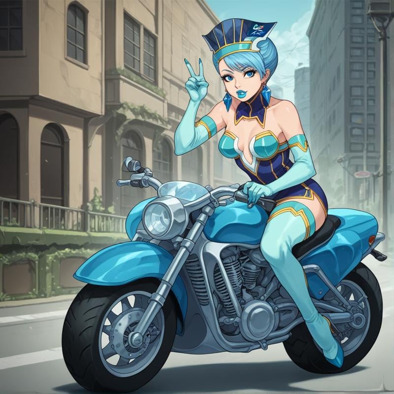 score_9, score_8_up, score_7_up, score_6_up, score_5_up, score_4_up BREAK, source_anime, bluerose, on motorcycle, thick thighs, legs 1girl, solo, crystal earrings, blue hair, jewelry, elbow gloves, lipstick, blue eyes, makeup, thigh boots, high heels, short hair, medium breasts, hat, v, bare shoulders, solo, motorcycle, city, billboard, house, lamppost, sitting on motorcycle,    <lora:bluerose-000005:1>  