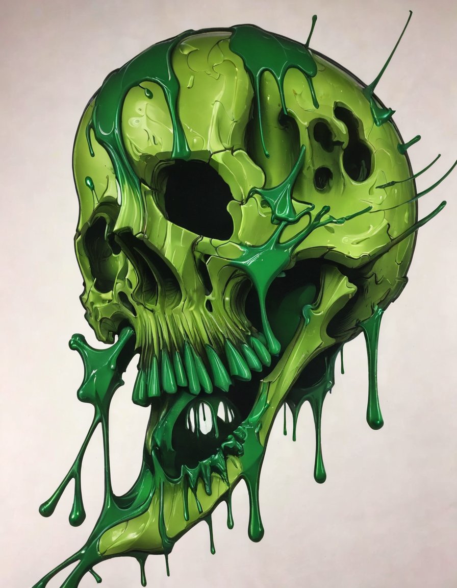 <lora:t3v3-000006:0.8>t3v3, skull covered in dripping green goo