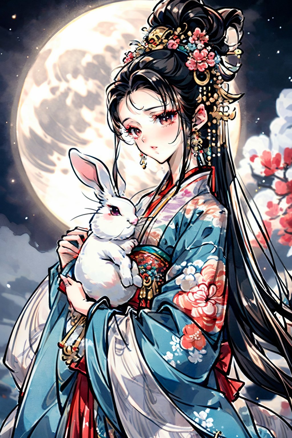 cka01,1girl,rabbit,moon,jewelry,holding animal,hanfu,earrings,hair ornament,night,full moon,chinese clothes,black hair,long sleeves,upper body,solo,makeup,night sky,blurry,flower,sky,wide sleeves,blurry background,floral print,hair flower,<lora:cy01:0.8>,, best quality, ultra-detailed, masterpiece, finely detail, highres, 8k wallpaper