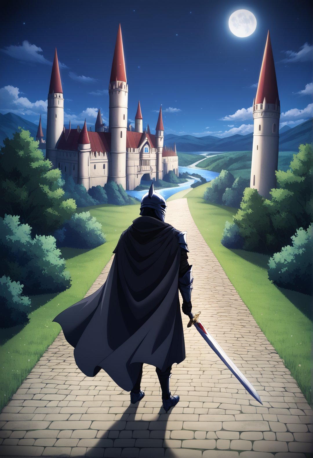 score_9, score_8_up, score_7_up, BREAK source_anime, 1boy, dark knight, (helmet), black cape, sword planted in the ground, from above, looking at viewer, castle, road, river, night, moon, (contrast), dark light, (dark composition:1.3), from behind