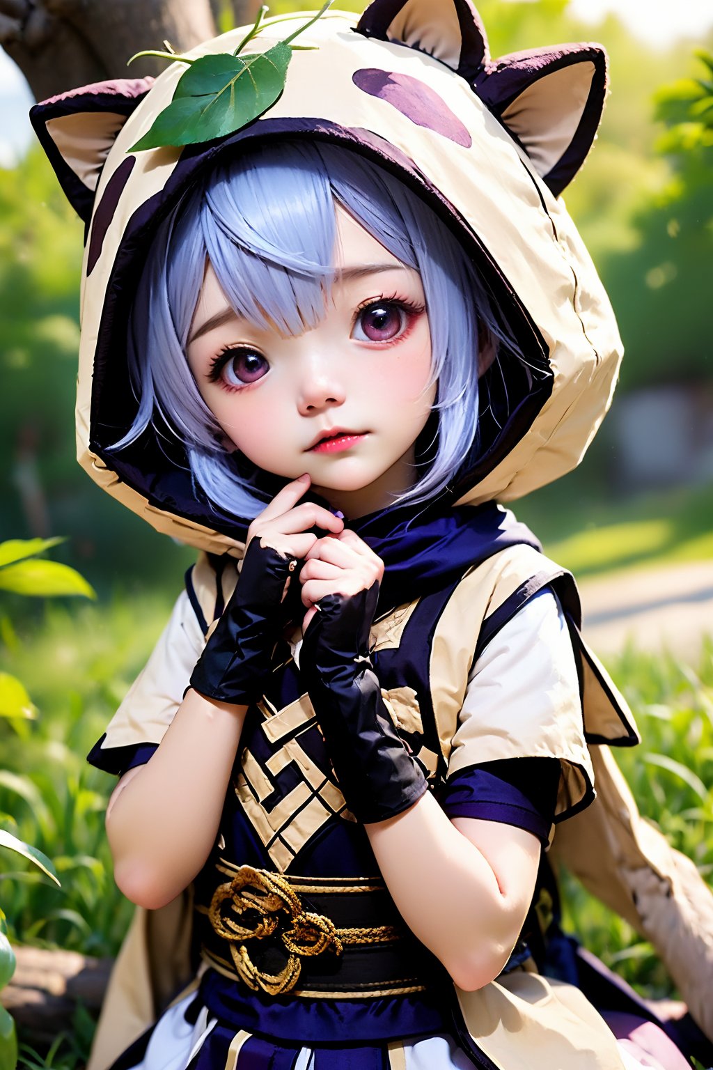 1girl, solo, sayu \(genshin impact\), outdoors, short hair, hood, leaf, gloves, fingerless gloves, animal hood, arm guards, tree, grey hair, japanese clothes, ninja, raccoon ears, sash, blurry, leaf on head, scarf, animal ears, obi, short sleeves, lips, fake animal ears, depth of field, holding, finger to mouth, holding weapon, blush, blurry background, closed mouth, facing viewer, kimono, child, purple gloves, upper body, realistic, hood up, wrist guards, day, nature, hair between eyes, raccoon tail, black scarf, eyelashes, knife, sleeping