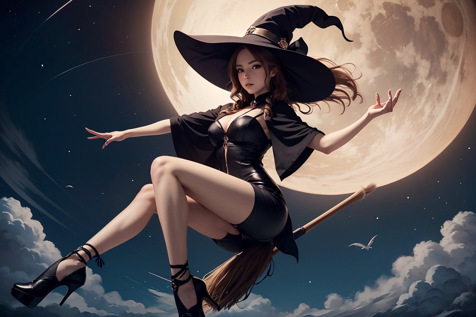 A gorgeous witch flying through the night air on a broom, highly detailed, anime style, best quality, masterpiece, <lora:SDXLrender_v1.0:0.6>